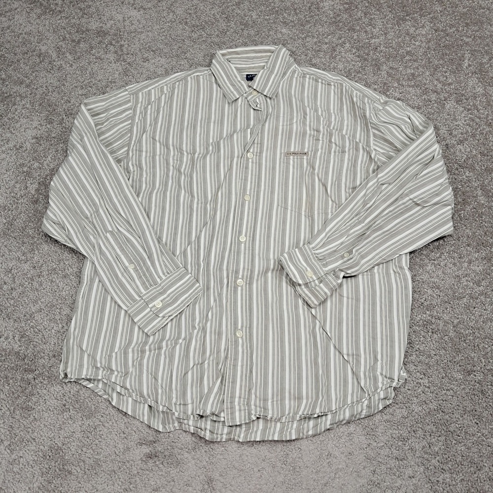 Vintage US Polo Assn Mens Large Striped Button Down Shirt Long Sleeve Gray